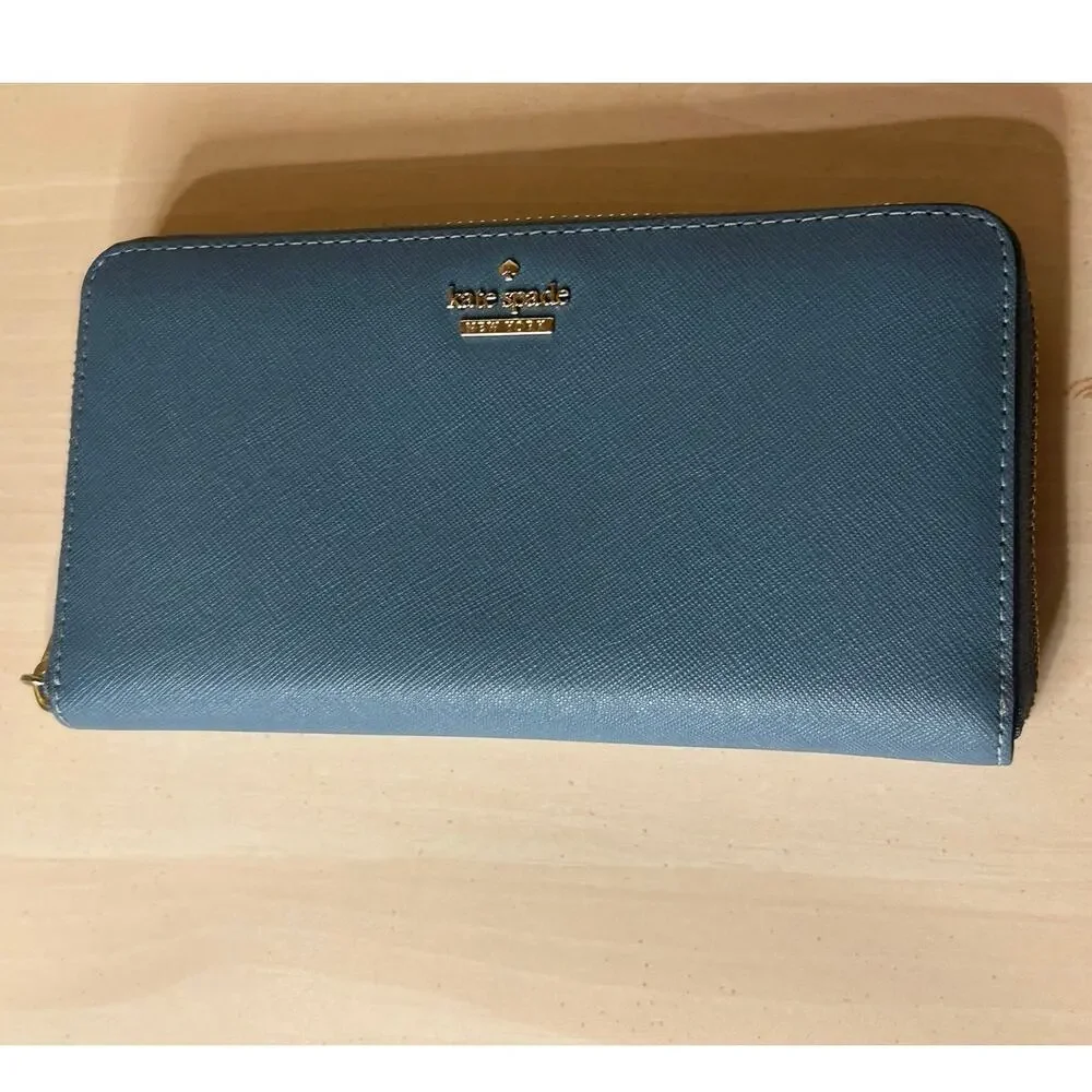 Kate Spade Saffiano Leather Zip Around Continental Wallet Blue Clutch Staci L